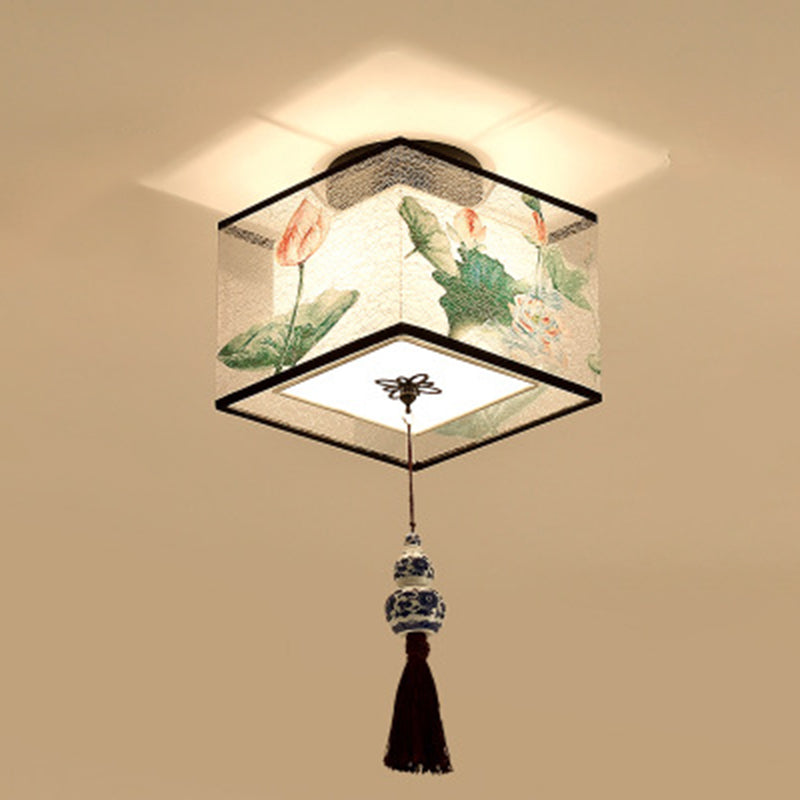 1-Light Geometric Ceiling Light in Traditional Artistic Style Fabrics Semi Flush Mount for Corridor