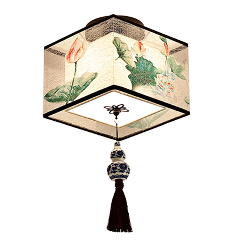 1-licht geometrisch plafondlicht in traditionele artistieke stijl stoffen semi-flush mount voor gang