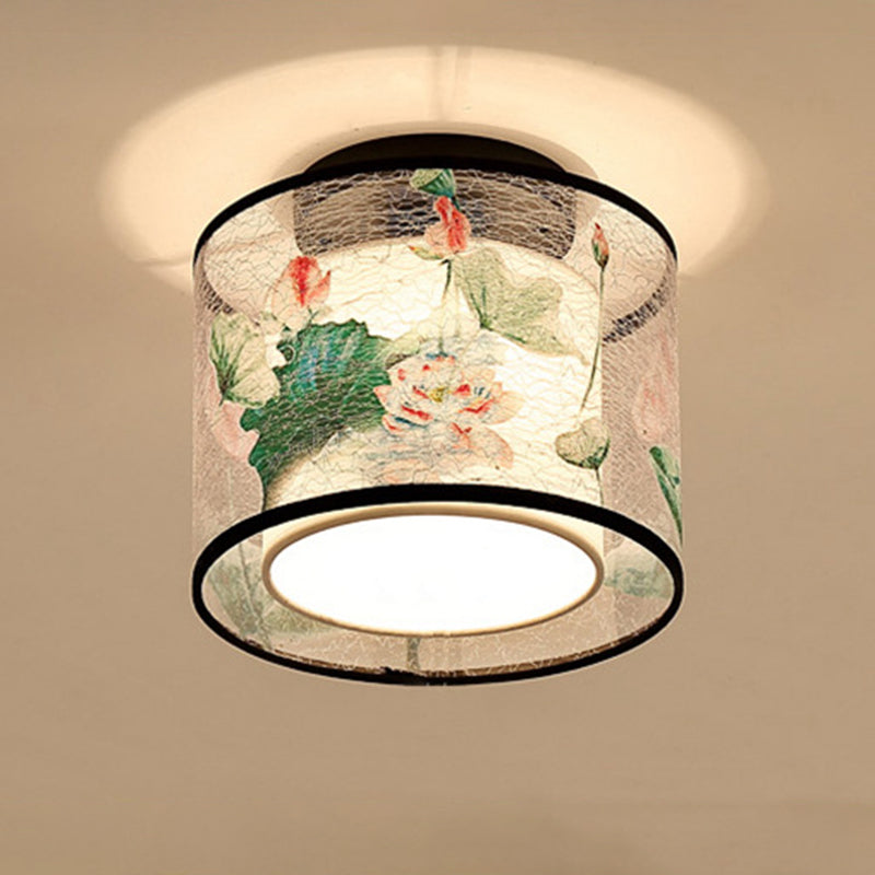 1-Light Geometric Ceiling Light in Traditional Artistic Style Fabrics Semi Flush Mount for Corridor