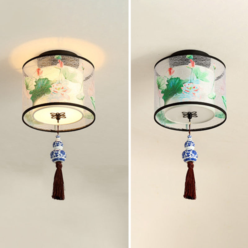 1-Light Geometric Ceiling Light in Traditional Artistic Style Fabrics Semi Flush Mount for Corridor