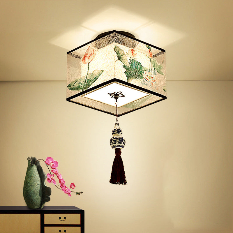 1-Light Geometric Ceiling Light in Traditional Artistic Style Fabrics Semi Flush Mount for Corridor