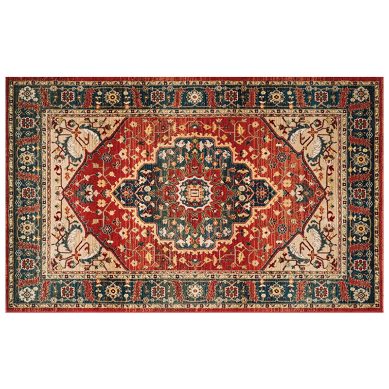 Red Tone Disstressed Rug Polyester Ethnic Pattern Area Rug Non-Slip Backing Carpet for Living Room