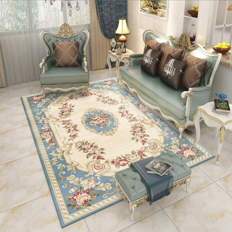 Classical European Floral Print Rug Yellowe Tone Polyester Area Carpet Non-Slip Backing Rug for Living Room
