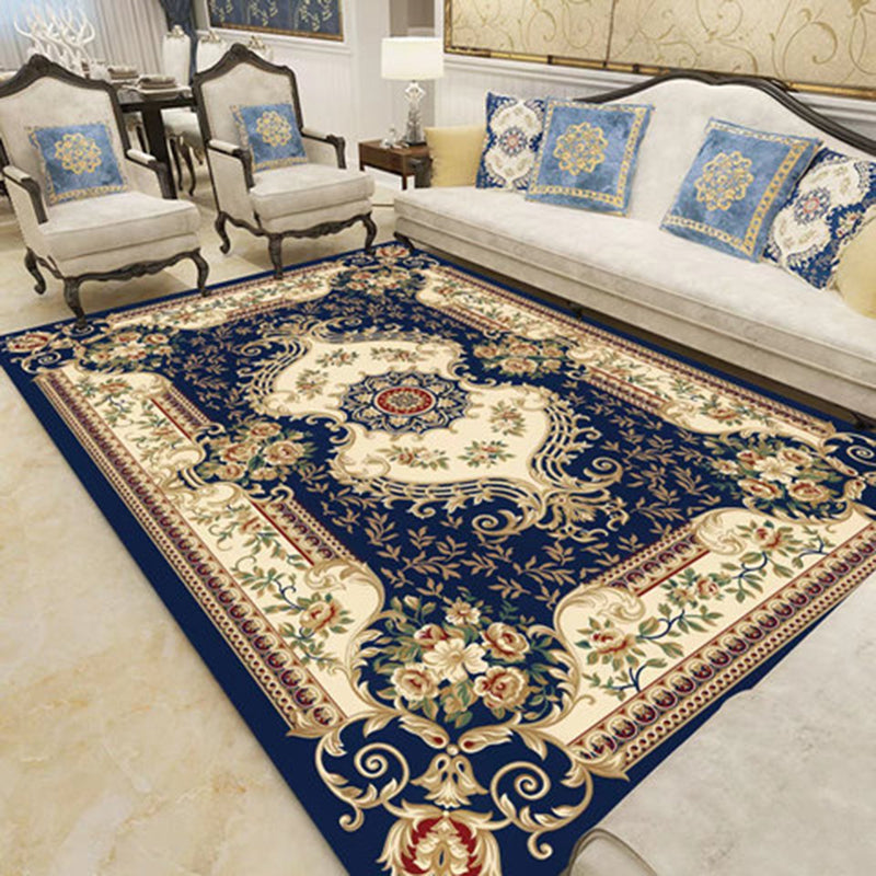 Classical European Floral Print Rug Yellowe Tone Polyester Area Carpet Non-Slip Backing Rug for Living Room