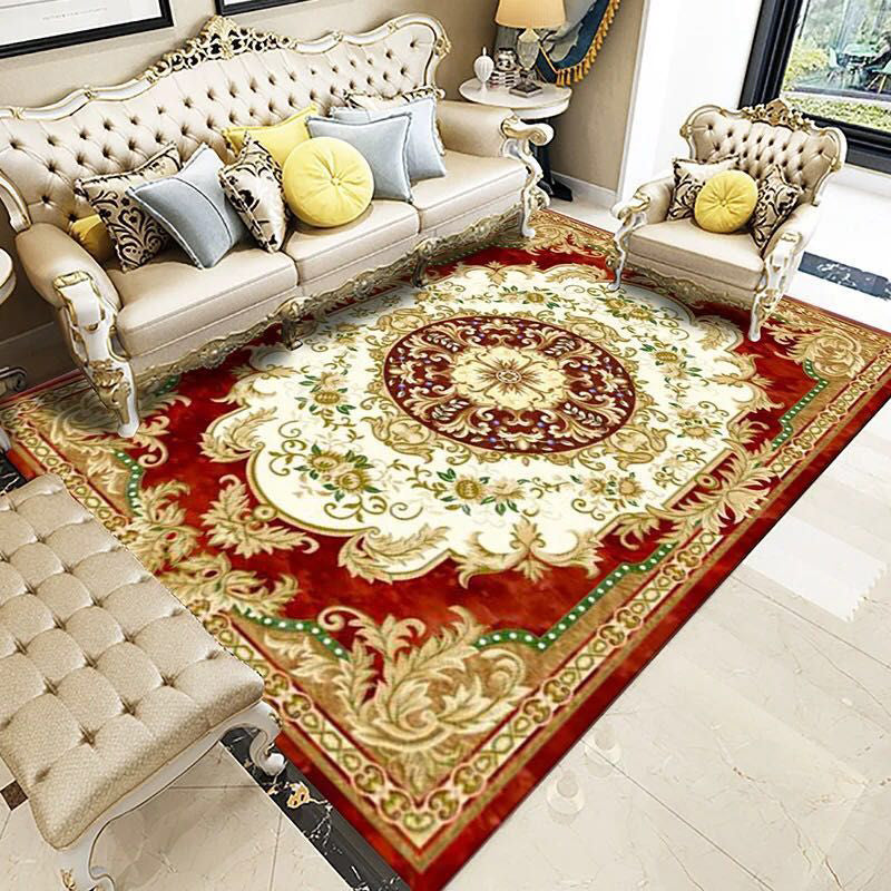 Classical European Floral Print Rug Yellowe Tone Polyester Area Carpet Non-Slip Backing Rug for Living Room