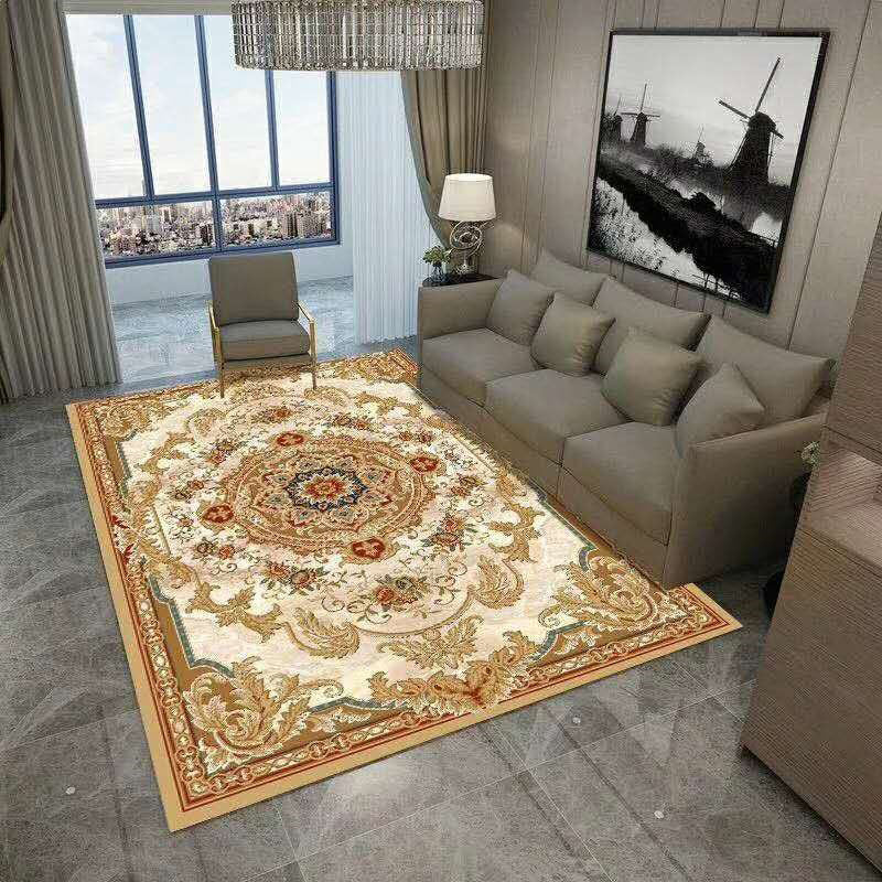 Classical European Floral Print Rug Yellowe Tone Polyester Area Carpet Non-Slip Backing Rug for Living Room