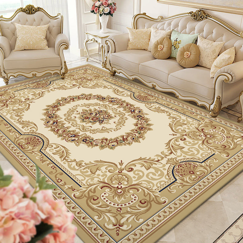 Tone jaune Floral Print Rug Polyester Traditional Anti-Slip Backing Indoor tapis pour le salon