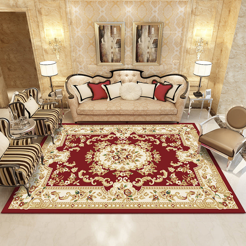 Yellow Tone Floral Print Rug Polyester Traditional Anti-Slip Backing Indoor Rug for Living Room