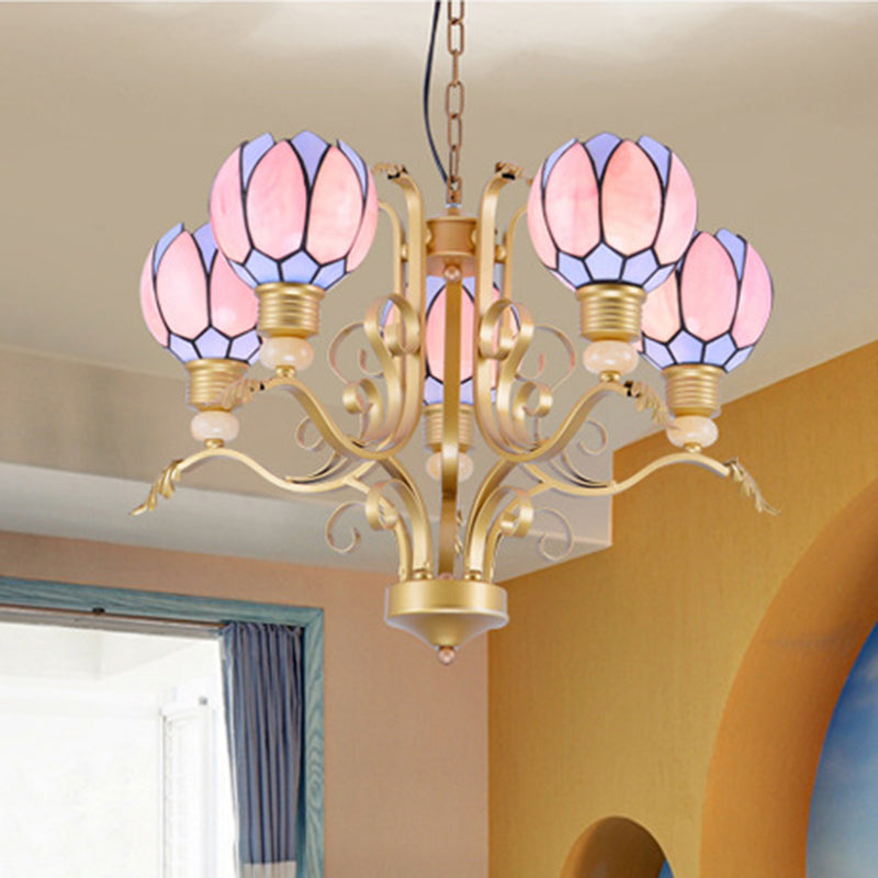 Blossom Chandelier Light Tiffany Pink Glass 3/5/6 Lights Brass Hanging Lamp Kit for Living Room