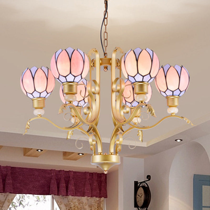 Blossom Chandelier Light Tiffany Pink Glass 3/5/6 Lights Brass Hanging Lamp Kit for Living Room