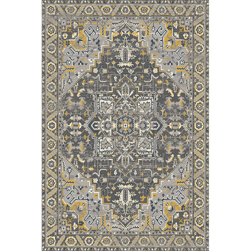 Grey Tone Vintage Area Rug Polyester Medallion Rug Non-Slip Backing Indoor Rug for Living Room