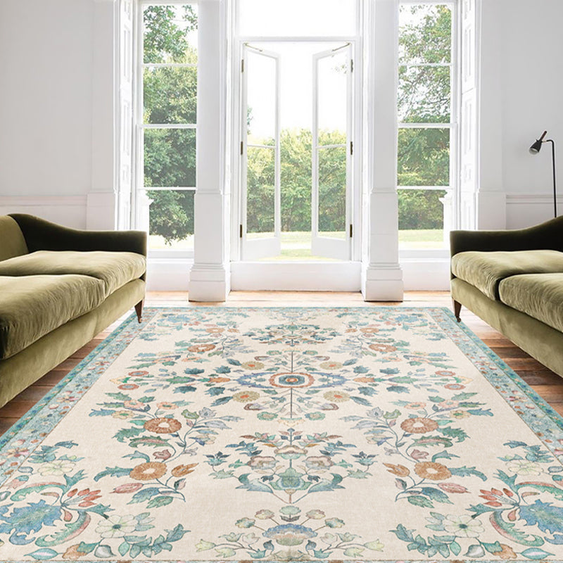Simple Light Color Disstressed Rug Polyester Ethnic Floral Pattern Area Rug Non-Slip Backing Carpet for Living Room