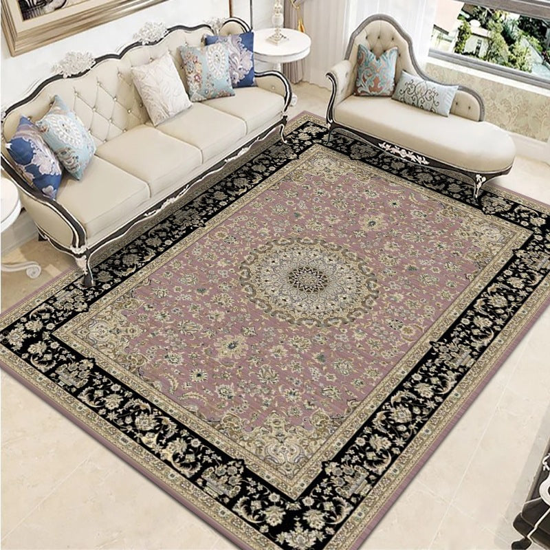 Traditional Round Print Rug Black Tone Polyester Area Carpet Non-Slip Backing Rug for Living Room