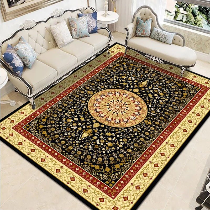 Traditional Round Print Rug Black Tone Polyester Area Carpet Non-Slip Backing Rug for Living Room