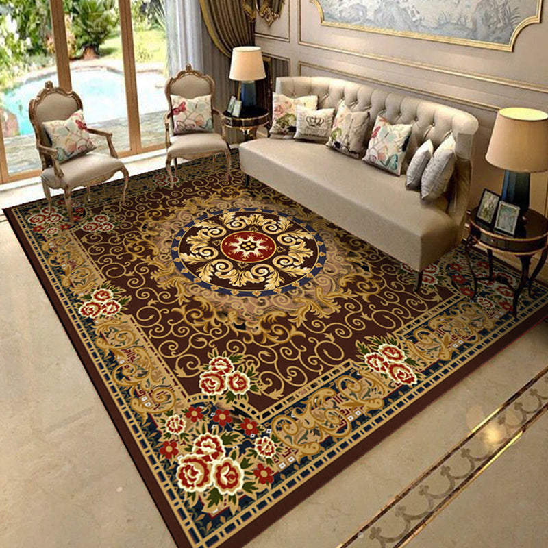 Dark Color Classical Indoor Rug Polyester Medallion Print Carpet Easy Care Rug for Home Decoration