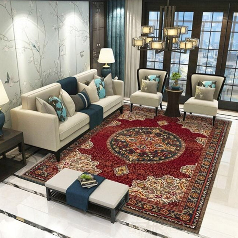 Dark Color Classical Indoor Rug Polyester Medallion Print Carpet Easy Care Rug for Home Decoration