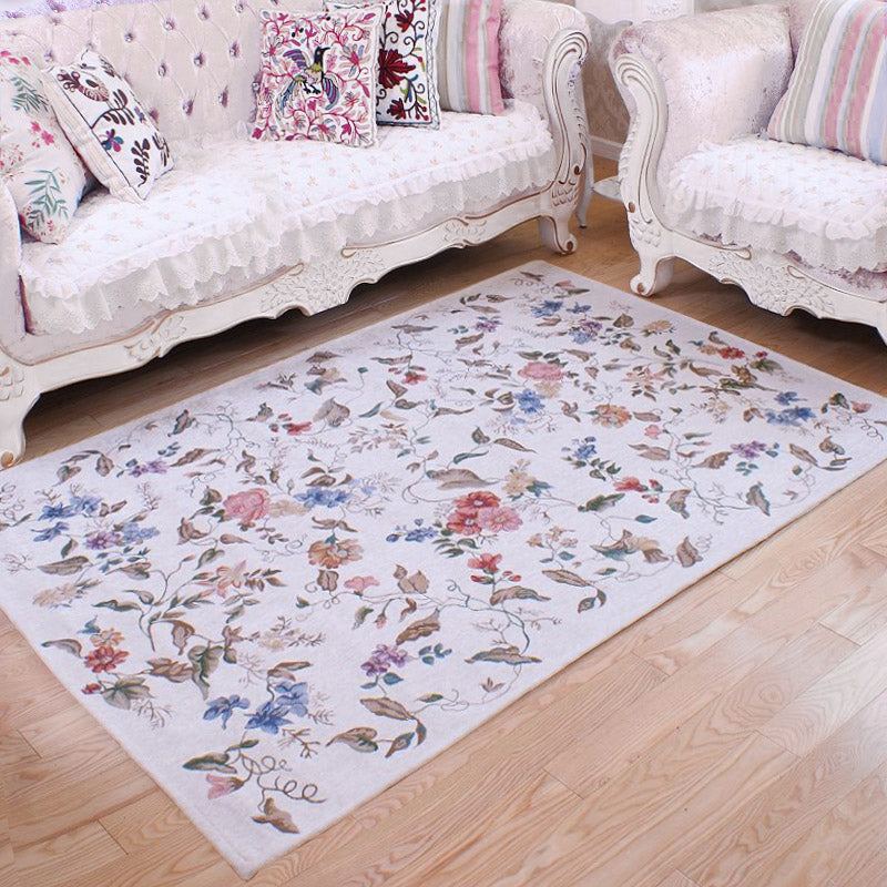 White Tone Victorian Area Carpet Polyester Floral Printed Indoor Rug Anti-Slip Backing Carpet for Living Room