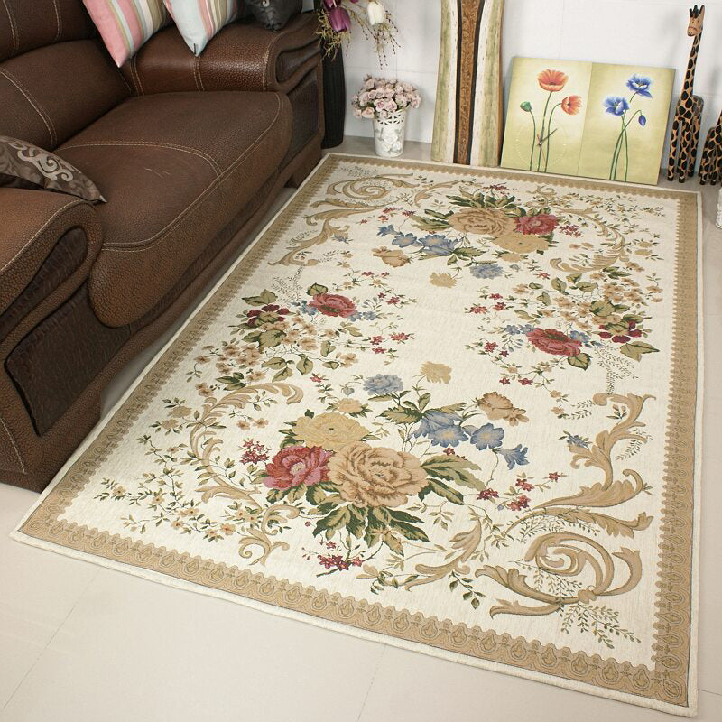 White Tone Victorian Area Carpet Polyester Floral Printed Indoor Rug Anti-Slip Backing Carpet for Living Room