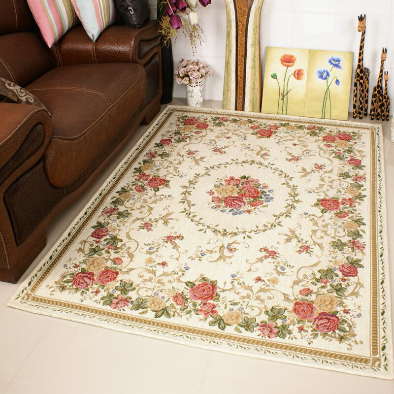 White Tone Victorian Area Carpet Polyester Floral Printed Indoor Rug Anti-Slip Backing Carpet for Living Room