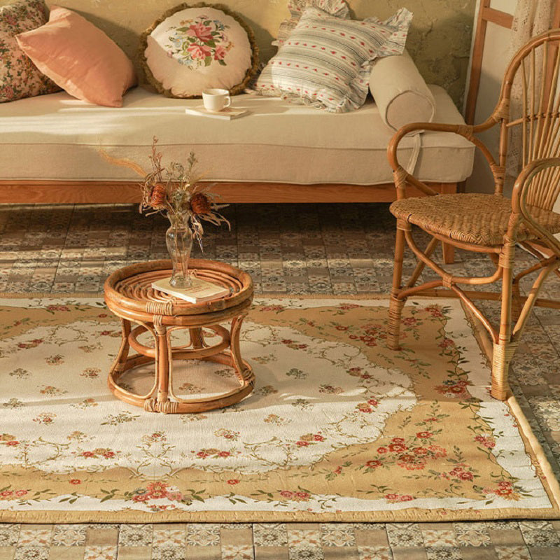 Simple White Tone Victorian Rug Polyester Floral Pattern Area Rug Non-Slip Backing Carpet for Living Room