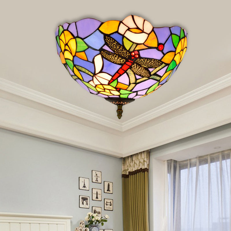 Tiffany Dragonfly Flush Mount Recessed Verlichting 2 Lampen Handcrafted Gekleurd Glas Dicht aan plafond lamp in Brass