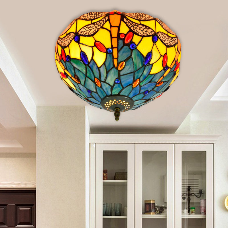 Tiffany Dragonfly Flush Mount Recessed Verlichting 2 Lampen Handcrafted Gekleurd Glas Dicht aan plafond lamp in Brass