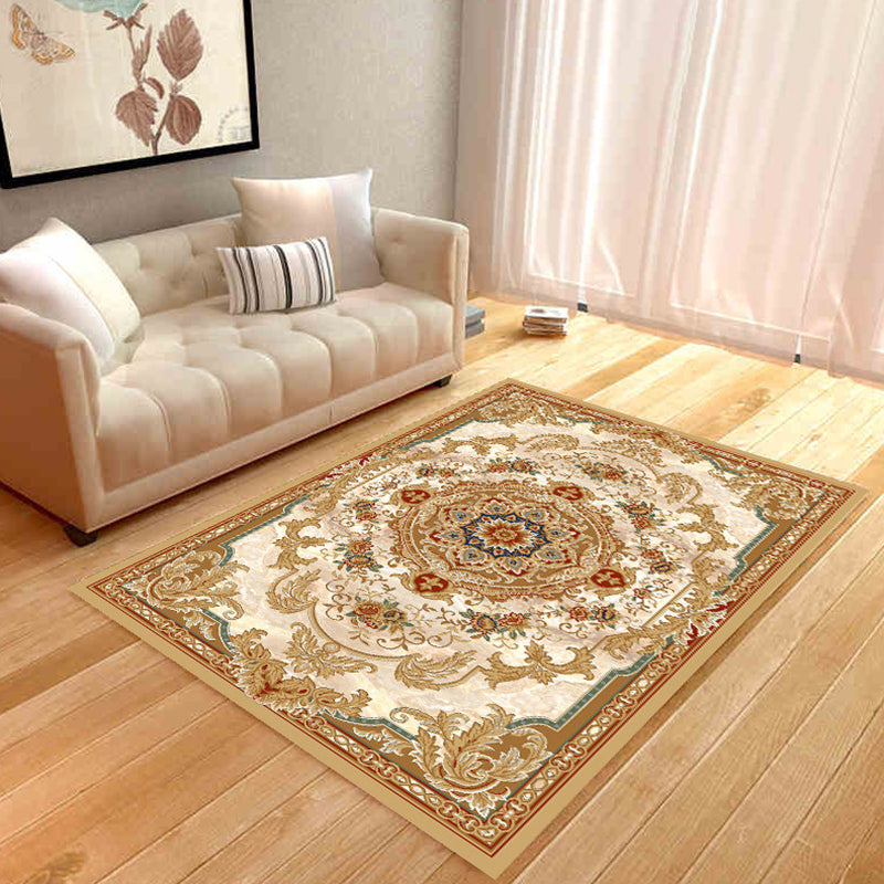 Yellow Tone Flower Rug Polyester Classical Anti-Slip Backing Indoor Rug for Living Room