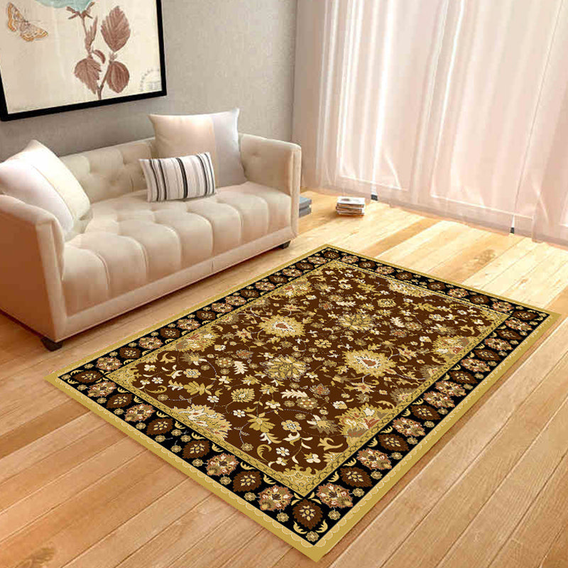 Yellow Tone Flower Rug Polyester Classical Anti-Slip Backing Indoor Rug for Living Room