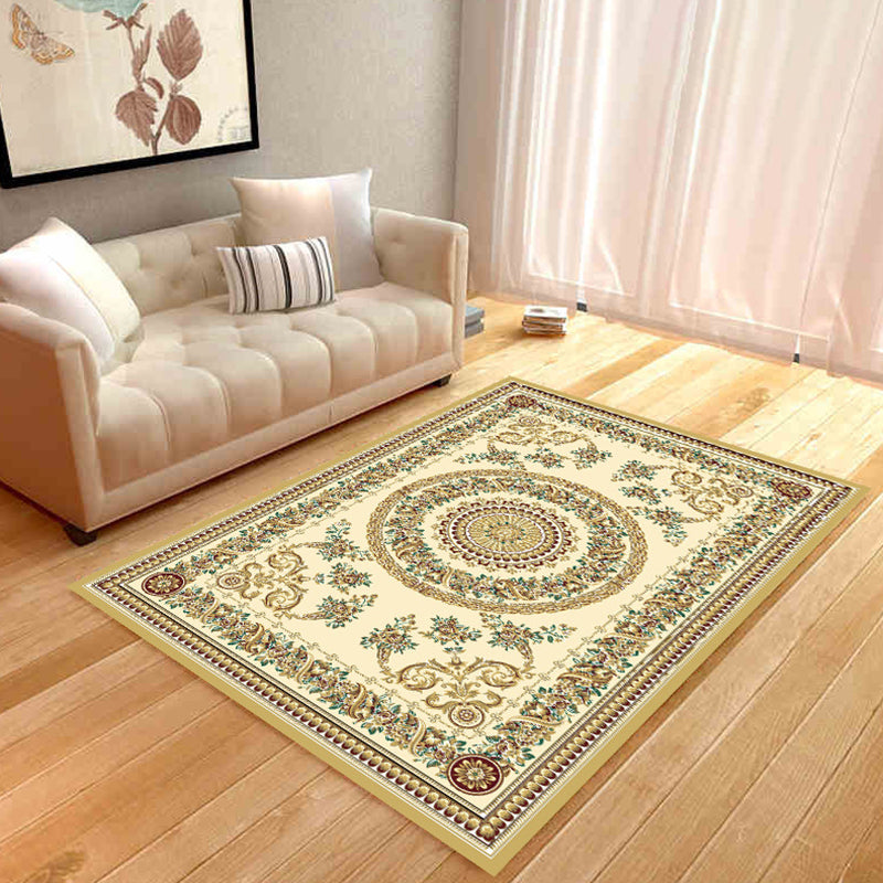 Yellow Tone Flower Rug Polyester Classical Anti-Slip Backing Indoor Rug for Living Room