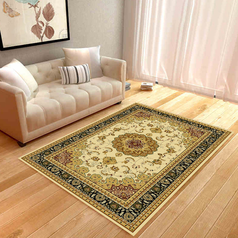 Yellow Tone Flower Rug Polyester Classical Anti-Slip Backing Indoor Rug for Living Room