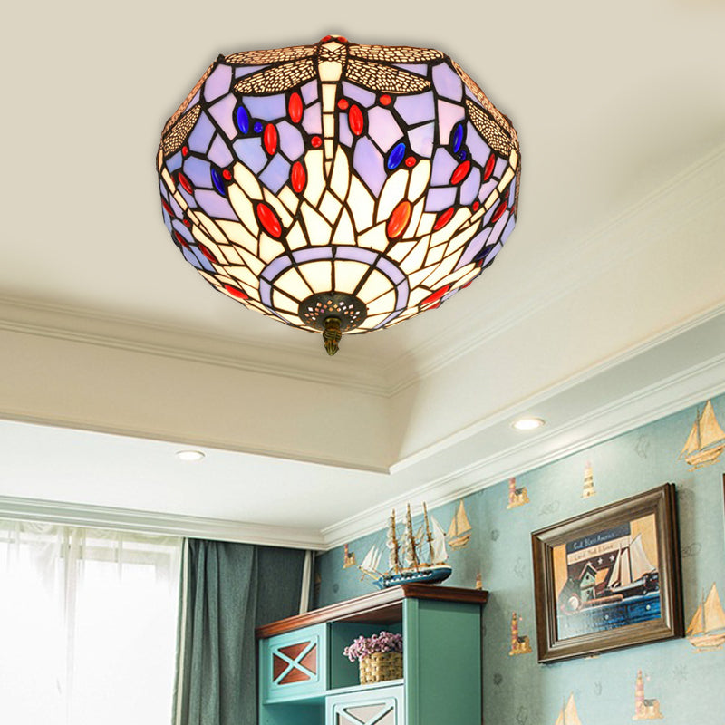 Tiffany Dragonfly Flush Mount Recessed Verlichting 2 Lampen Handcrafted Gekleurd Glas Dicht aan plafond lamp in Brass