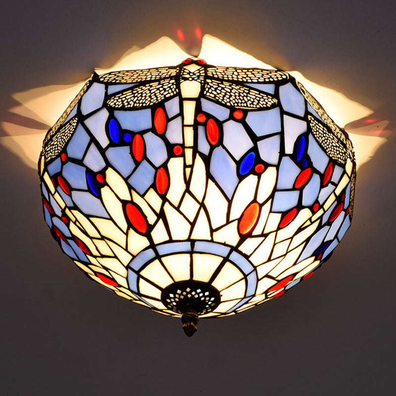 Tiffany Dragonfly Flush Mount Recata Illuminazione 2 Lampadine Handcrafted Glass Close to Massimale Lamp in Brass