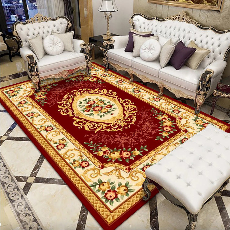 Red Tone Shabby Chic Indoor Rug Polyester Floral Print Carpet Easy Care Rug for Home Decoration