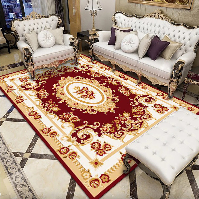 Red Tone Shabby Chic Indoor Rug Polyester Floral Print Carpet Easy Care Rug for Home Decoration