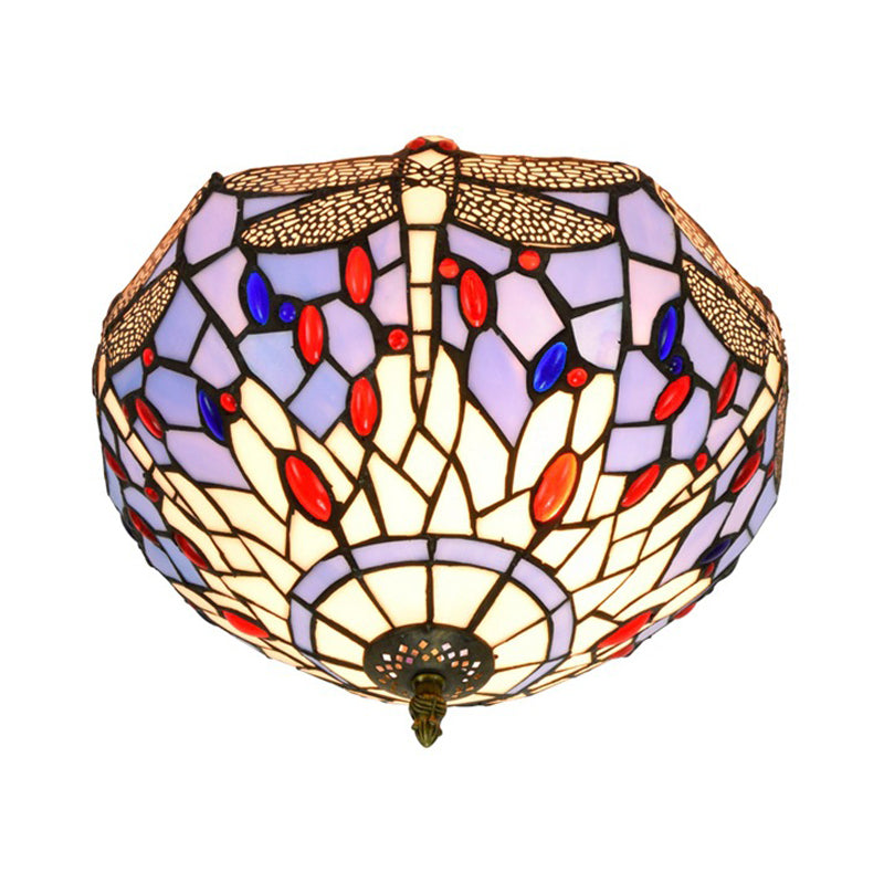 Tiffany Dragonfly Flush Mount Recessed Verlichting 2 Lampen Handcrafted Gekleurd Glas Dicht aan plafond lamp in Brass