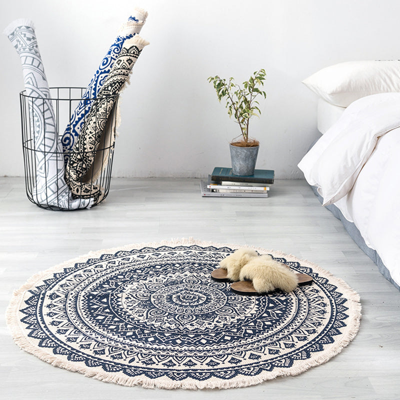 Tone noir rond Bohemian Area Tapon polyester Polyester et ethnique Tapis de support antidérapant pour le salon