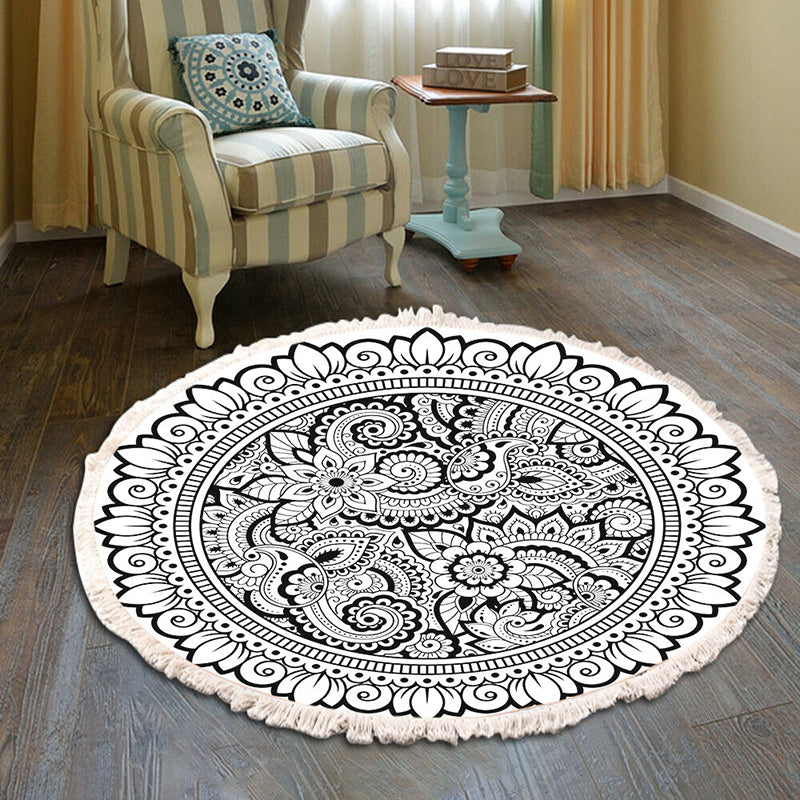 Round Black Tone Bohemian Area Carpet Polyester Ethnic Print Indoor Rug Anti-Slip Backing Carpet for Living Room