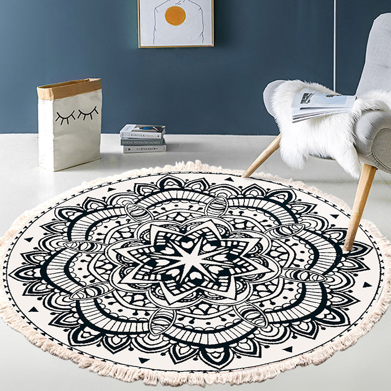 Round Black Tone Bohemian Area Carpet Polyester Ethnic Print Indoor Rug Anti-Slip Backing Carpet for Living Room