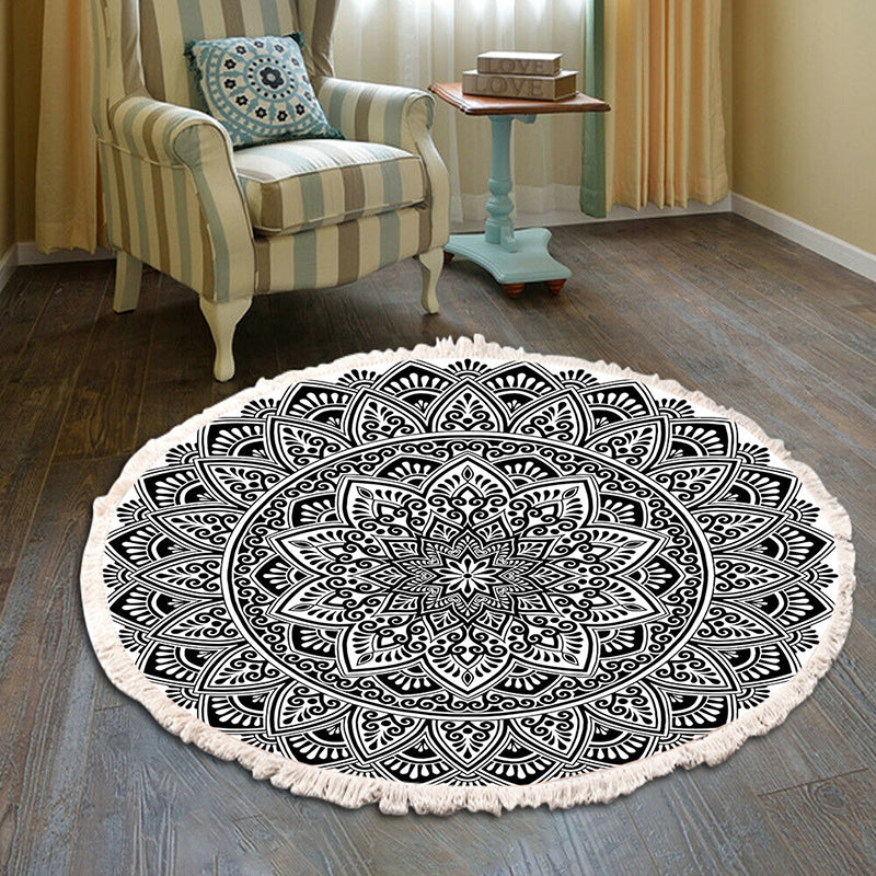 Round Black Tone Bohemian Area Carpet Polyester Ethnic Print Indoor Rug Anti-Slip Backing Carpet for Living Room