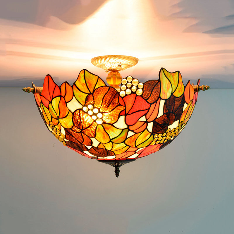 Hand Cut Glass Brass Light Fixture Grape 5 Lights Tiffany-Style Semi Flush Mount Ceiling Light