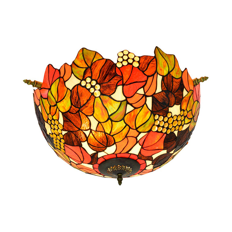 Hand Cut Glass Brass Light Fixture Grape 5 Lights Tiffany-Style Semi Flush Mount Ceiling Light