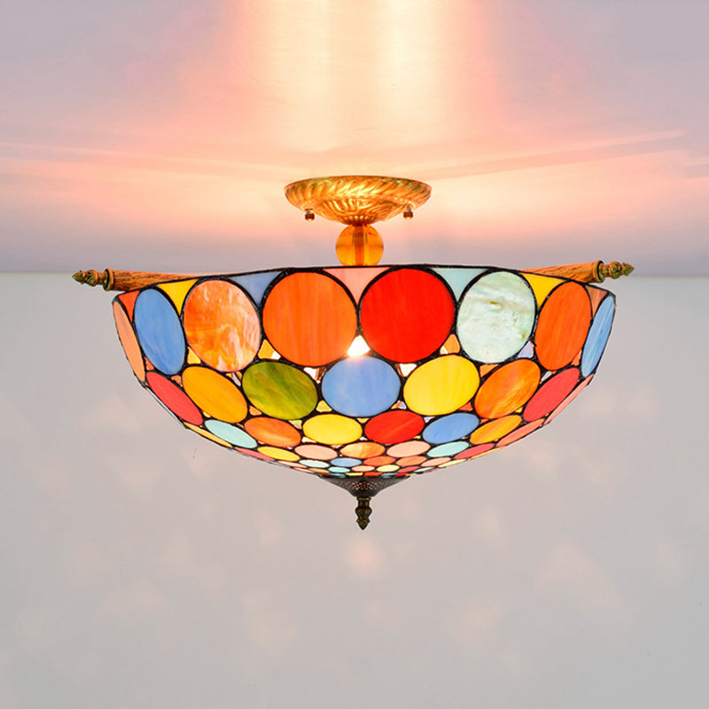 Circle Ceiling Flush Tiffany-Style Stained Art Glass 5 Heads Brass Semi Flush Mount Lighting, 21.5"/25.5" Wide