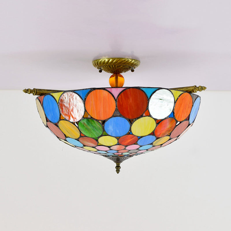 Circle Ceiling Flush Tiffany-Style Stained Art Glass 5 Heads Brass Semi Flush Mount Lighting, 21.5"/25.5" Wide