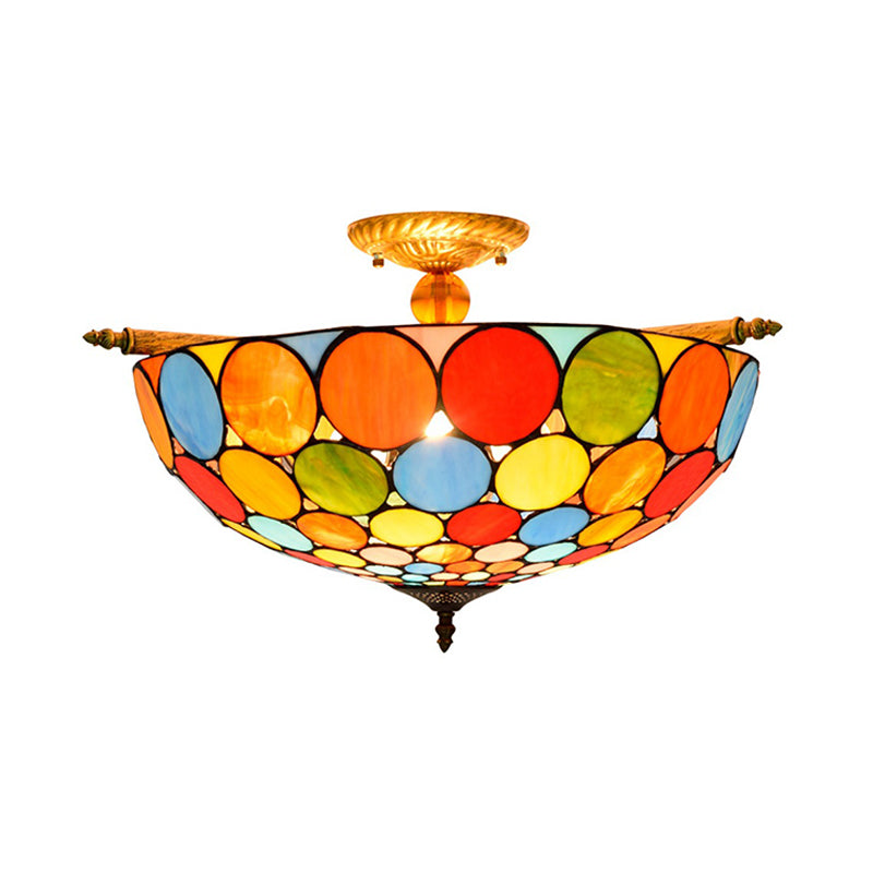 Circle Ceiling Flush Tiffany-Style Stained Art Glass 5 Heads Brass Semi Flush Mount Lighting, 21.5"/25.5" Wide