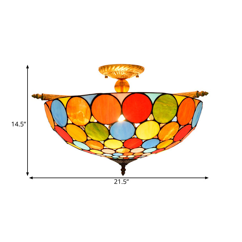 Circle Ceiling Flush Tiffany-Style Stained Art Glass 5 Heads Brass Semi Flush Mount Lighting, 21.5"/25.5" Wide