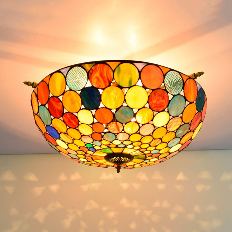 Circle Ceiling Flush Tiffany-Style Stained Art Glass 5 Heads Brass Semi Flush Mount Lighting, 21.5"/25.5" Wide