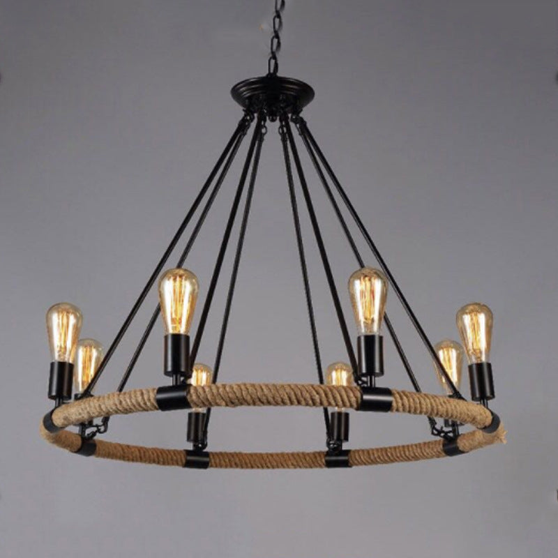 Industrial Chandelier Bare Bulb Manila Rope Retro Coffee Shop Retaurant Indoor Light