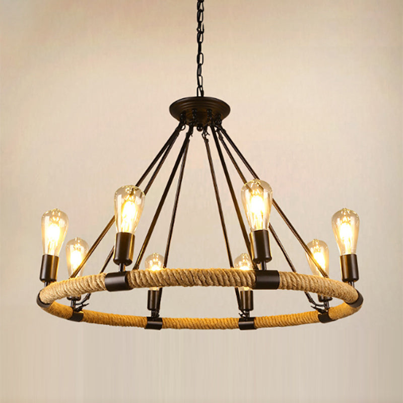 Industrial Chandelier Bare Bulb Manila Rope Retro Coffee Shop Retaurant Indoor Light