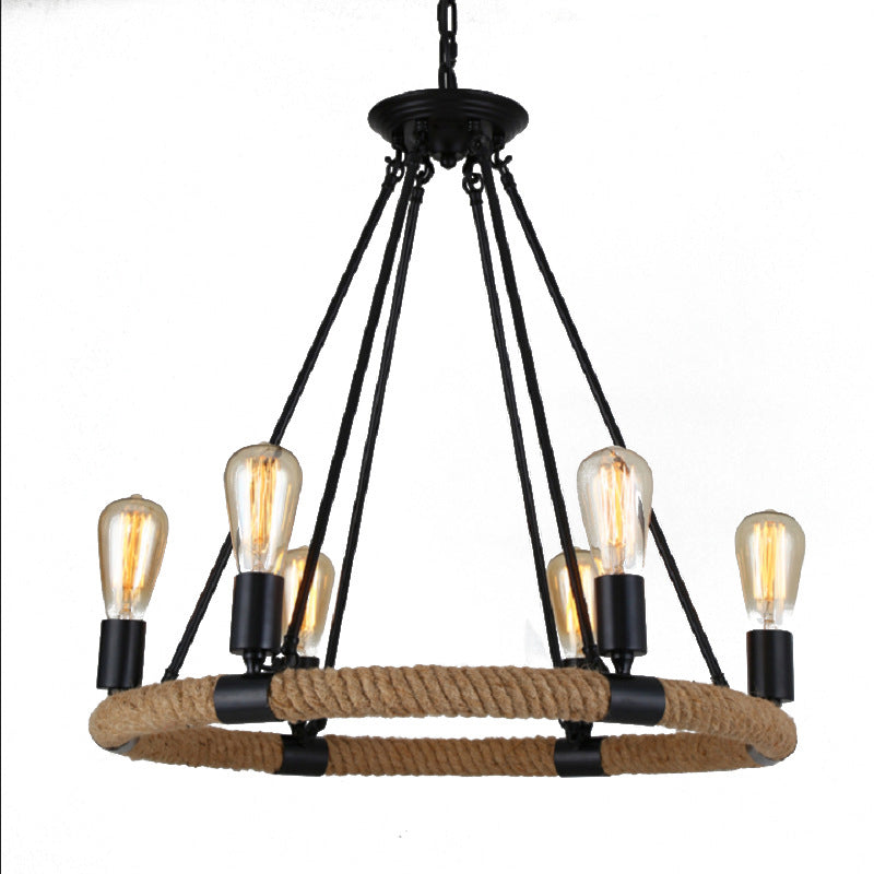 Industrial Chandelier Bare Bulb Manila Rope Retro Coffee Shop Retaurant Indoor Light