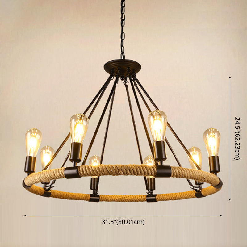 Industrial Chandelier Bare Bulb Manila Rope Retro Coffee Shop Retaurant Indoor Light